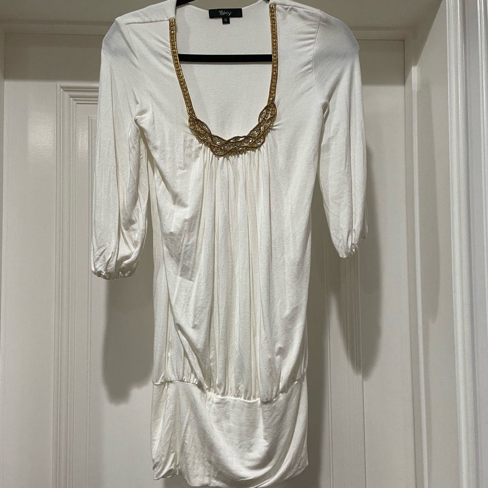 Sexy SKY sexy light cream & gold stretchy dress size S EUC FINAL MARKDOWN